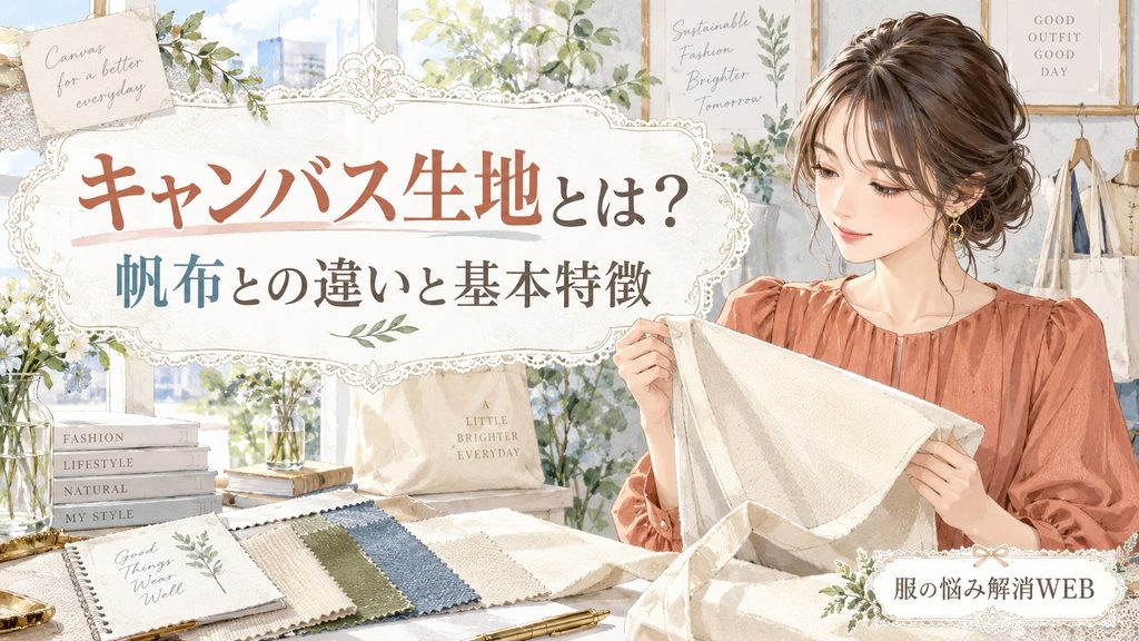 キャンバス生地と帆布の違いや基本特徴を確認する女性のイラスト