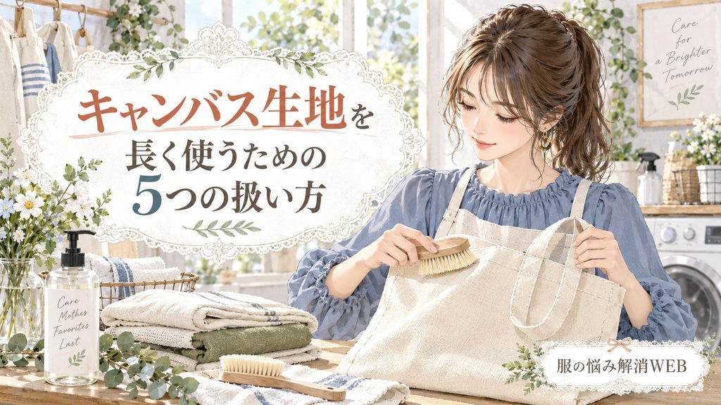 キャンバスバッグをブラシで手入れし長く使う方法を紹介する女性のイラスト