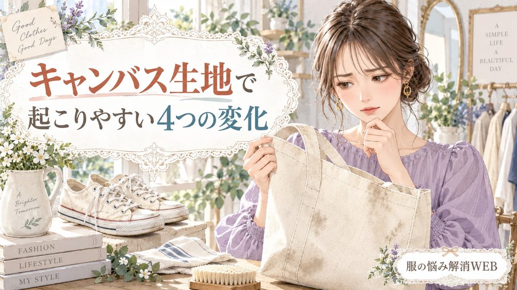 汚れや摩擦などキャンバス生地に起こりやすい変化を確認する女性のイラスト