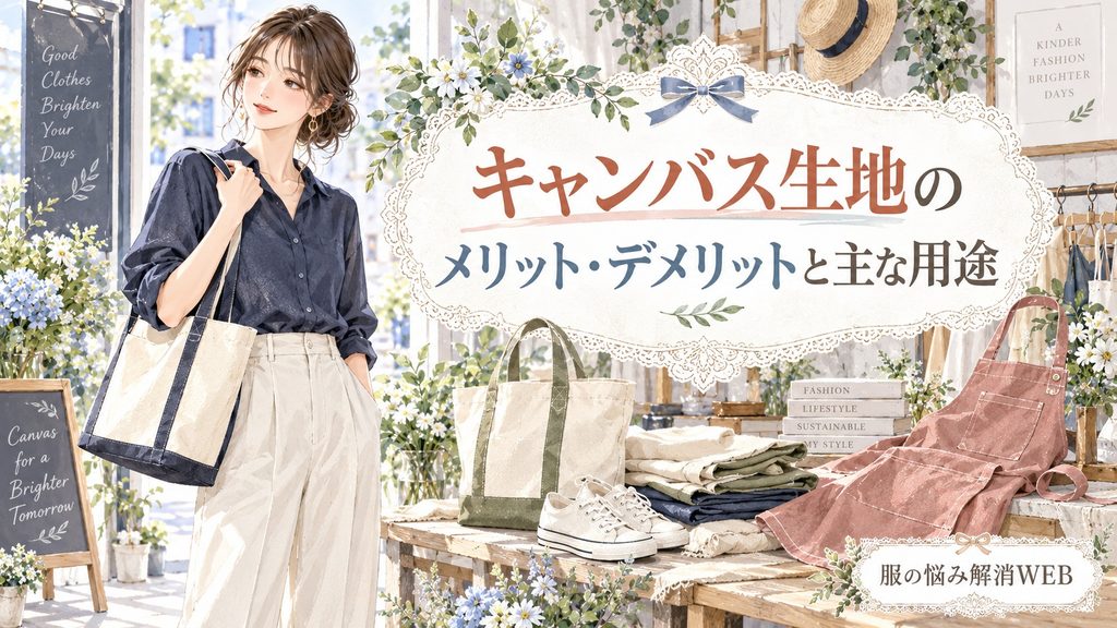 キャンバス生地のメリット・デメリットとバッグや靴など主な用途を紹介するイラスト
