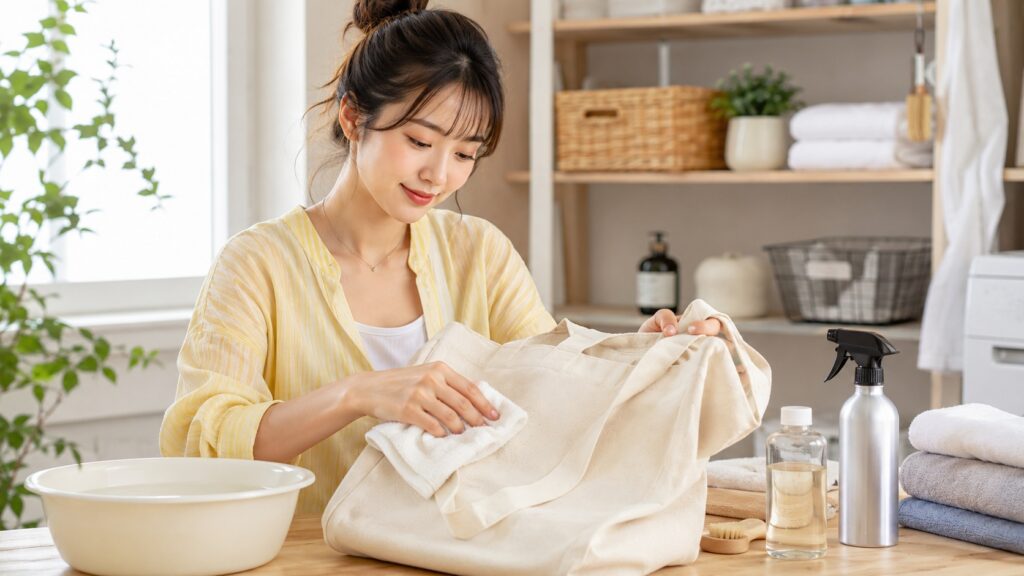 キャンバストートバッグをやさしく拭き取りながら手入れしている女性