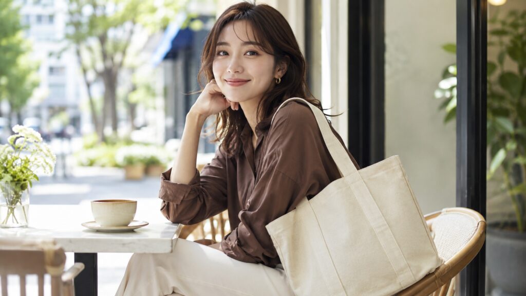 生成りのキャンバストートバッグを持った女性がカフェで微笑んでいる様子