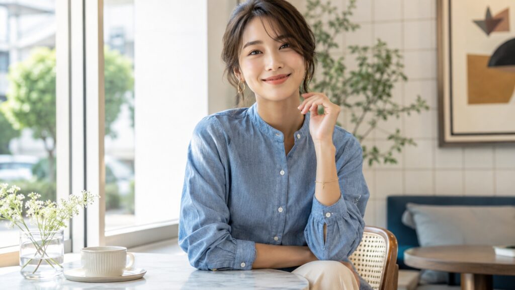 シャンブレーシャツを着た女性が明るいカフェで微笑んでいる様子