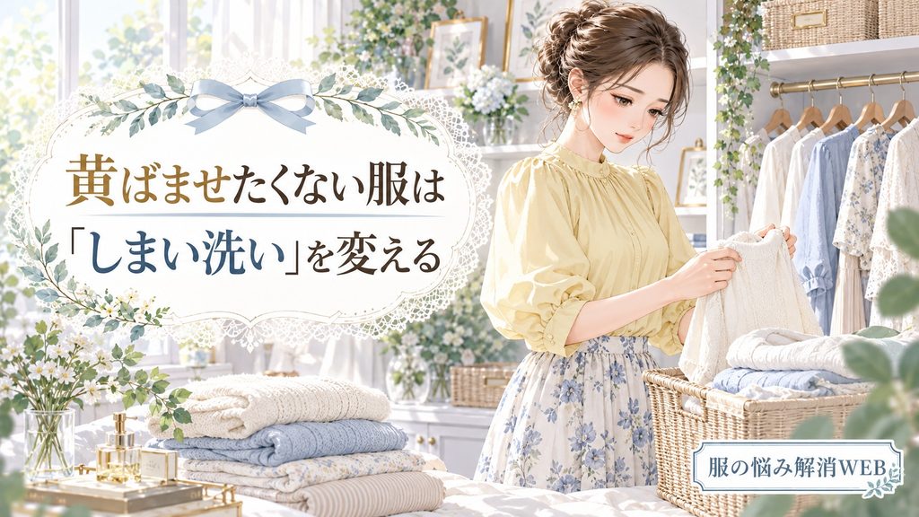 黄ばみを防ぐため収納前のしまい洗いを見直す女性のイラスト