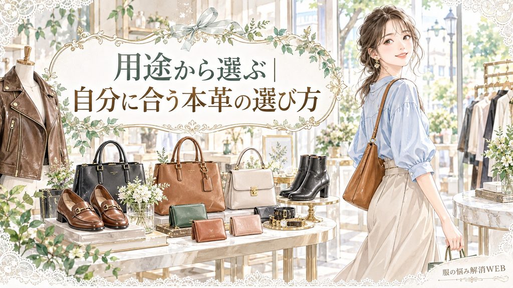 バッグや靴、ジャケットなど用途に合わせて本革製品を選ぶ女性のイラスト