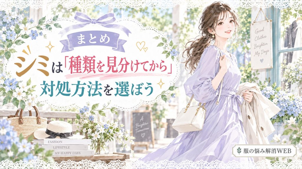 シミの種類を見分けて適切な対処方法を選び、きれいな服で過ごす女性のイラスト