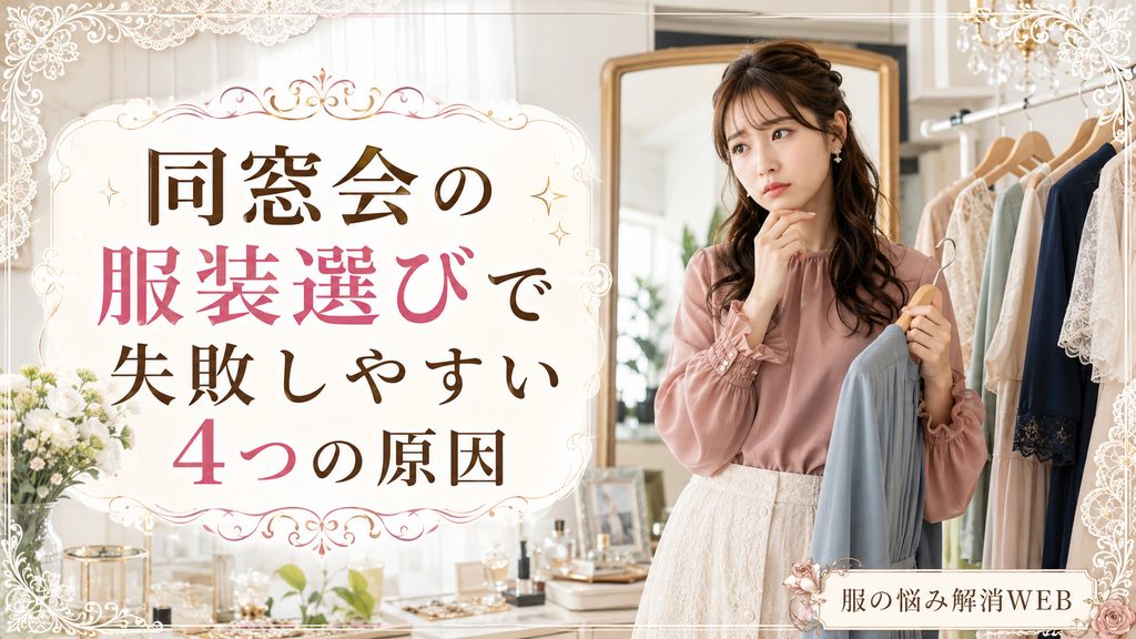 同窓会に着ていく服を前に、どのコーデを選ぶか悩んでいる女性