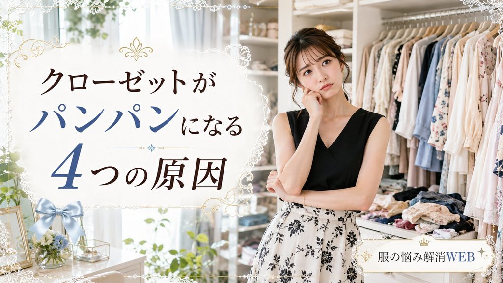 服が詰まったクローゼットの前で、収納量の多さに悩む女性の様子