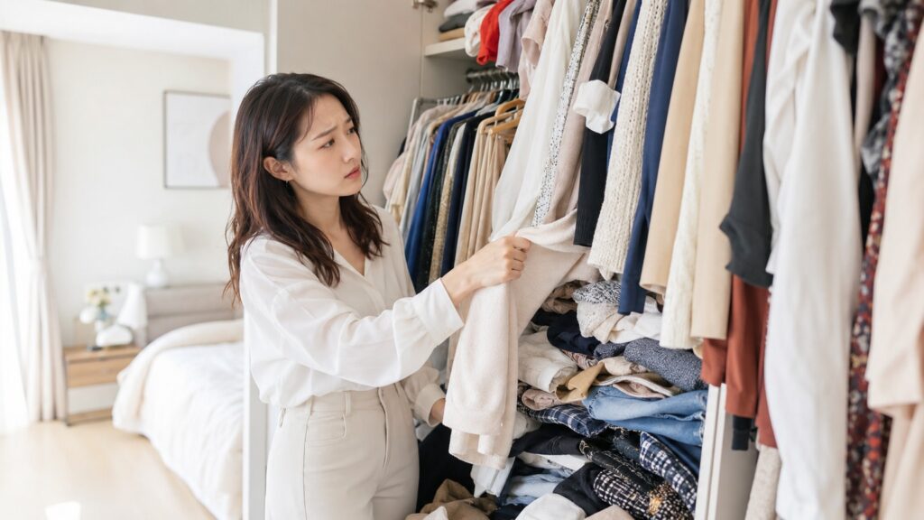 服でいっぱいになったクローゼットから衣類を取り出しながら悩む若い日本人女性
