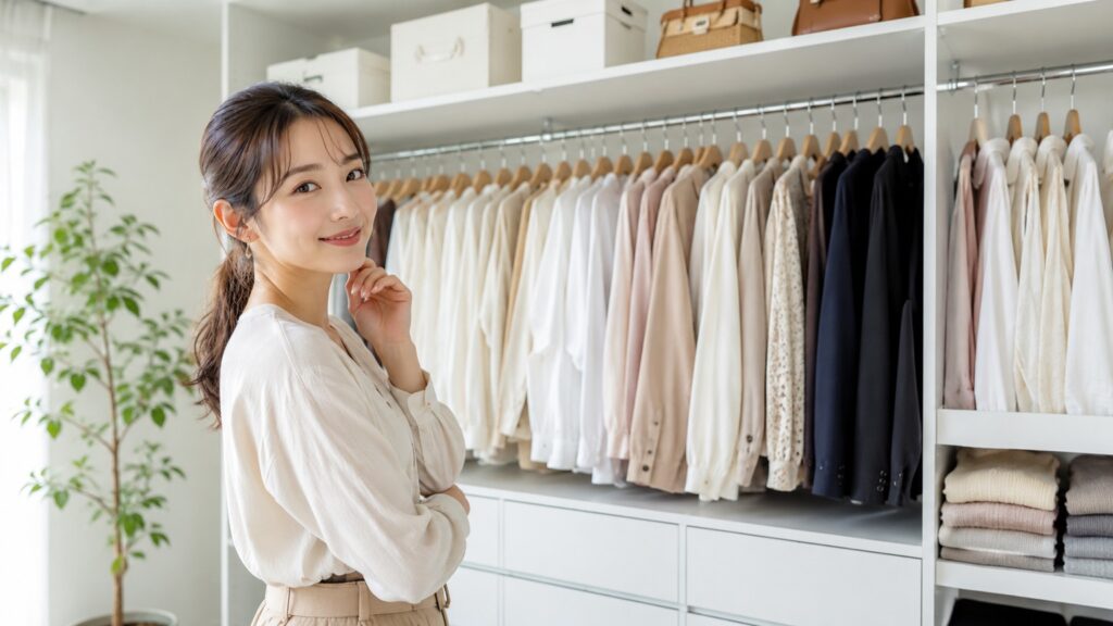 整理されたクローゼットの前で、余白のある収納を確認する若い日本人女性