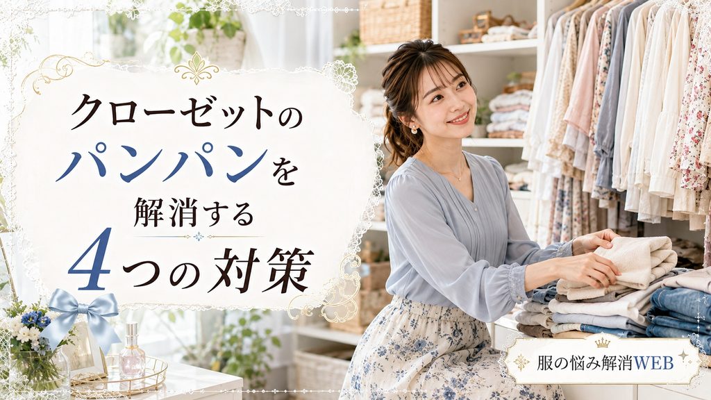 クローゼットの衣類を整理し、パンパンな収納を整えている女性の様子
