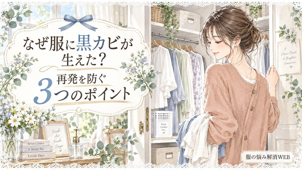 明るく風通しのよいクローゼットで衣類を整理し、黒カビの再発を防ぐ女性のイラスト