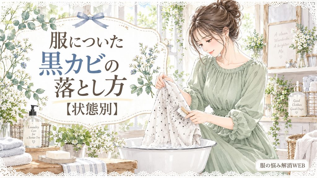 黒カビが付いた衣類を洗濯用のたらいで状態別にケアする女性のイラスト