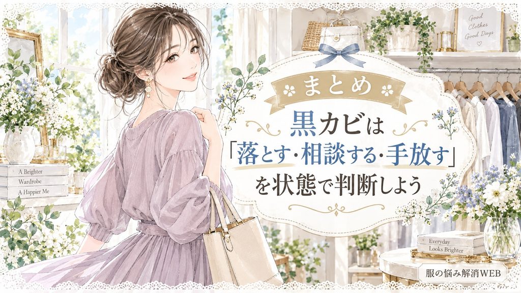 黒カビ対策を終え、きれいに整った衣類とクローゼットの前で振り向く女性のイラスト
