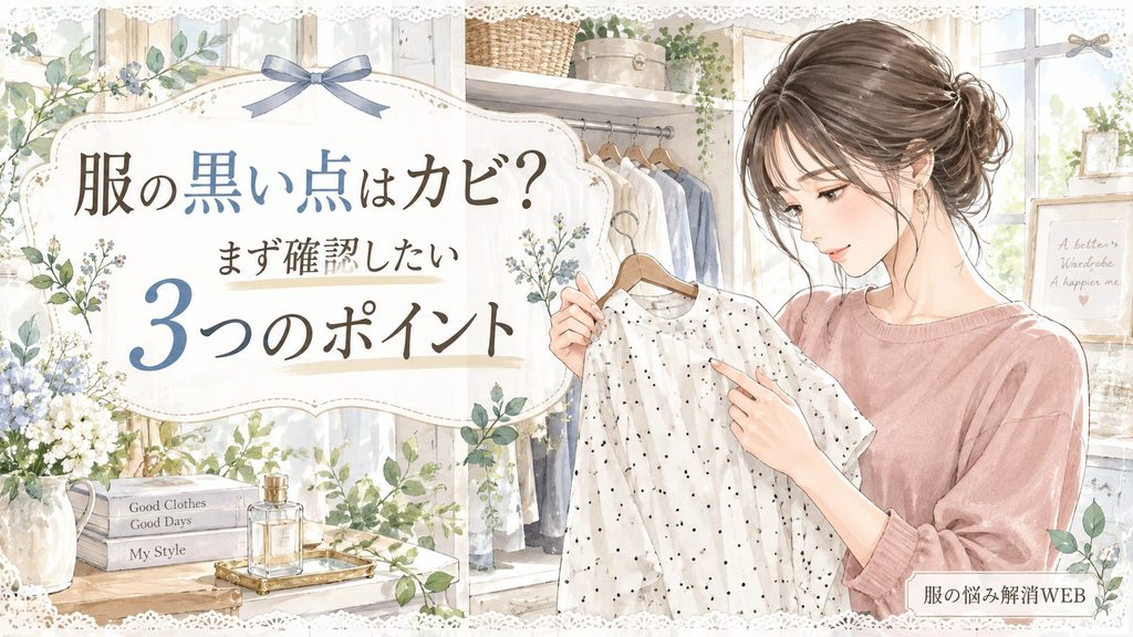 黒い点が付いた衣類を手に取り、カビかどうか確認する女性のイラスト
