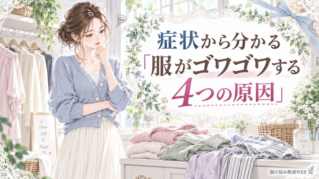 洗濯後の衣類を見ながら、服がゴワゴワする4つの原因を考える女性のイラスト