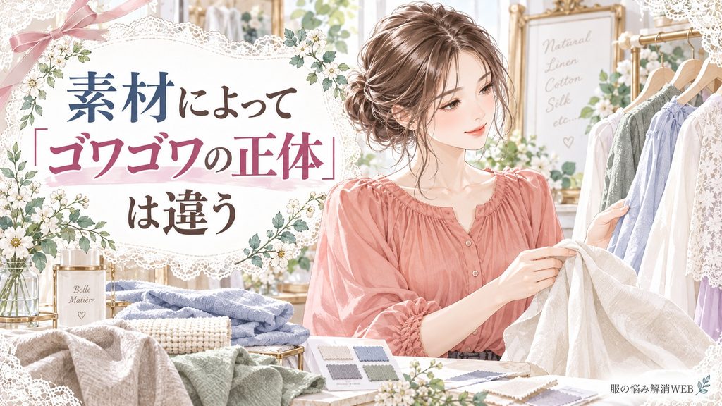 さまざまな生地や衣類を比較し、素材によるゴワつきの違いを確認する女性のイラスト
