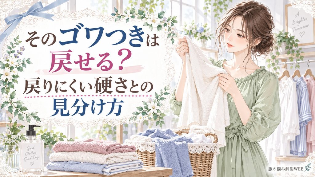 硬くなった白い衣類を手に取り、ゴワつきが戻せる状態か確認する女性のイラスト