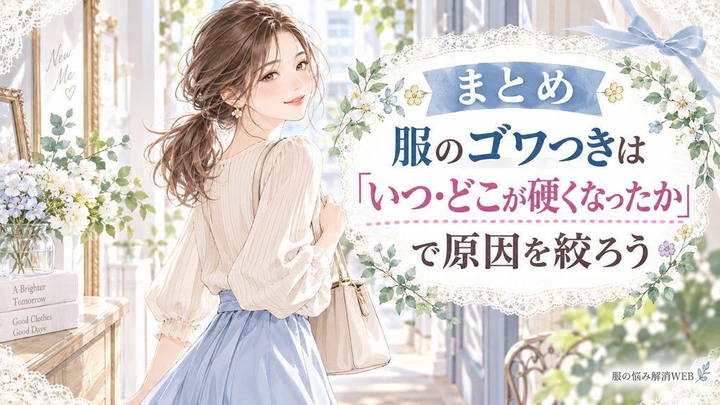 服のゴワつきの原因を確認したあと、明るい表情で振り返る女性のまとめイラスト