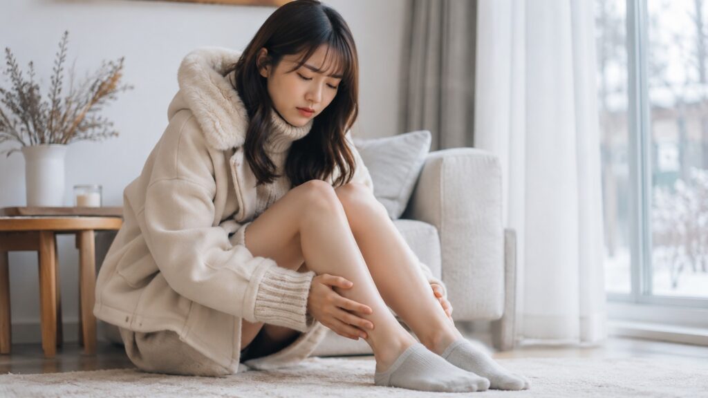 冬の室内で足元の冷えに悩み、ひざを抱えながら足を気にしている若い日本人女性