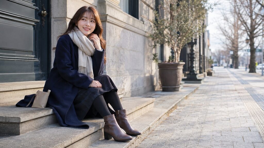 マフラーとコート、ブーツを合わせた冬コーデで外出している若い日本人女性