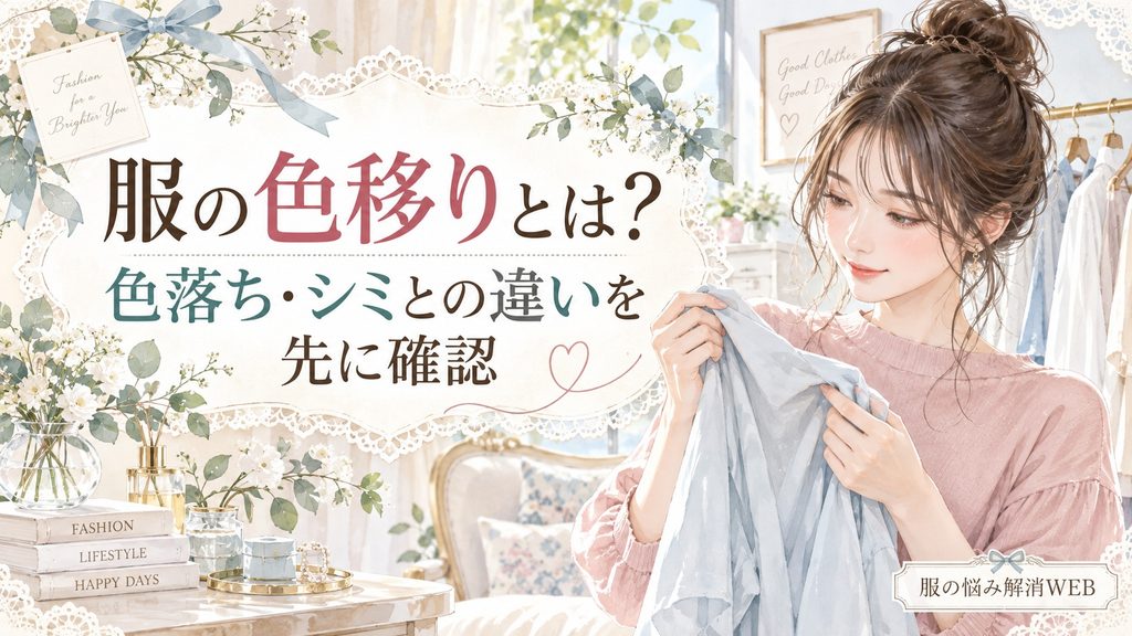色移りした淡いブルーの服を確認する女性と、色落ち・シミとの違いを解説するイラスト