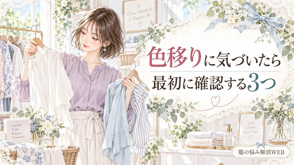 白物と色柄物を手に取り、色移りに気づいたときの確認ポイントを考える女性のイラスト