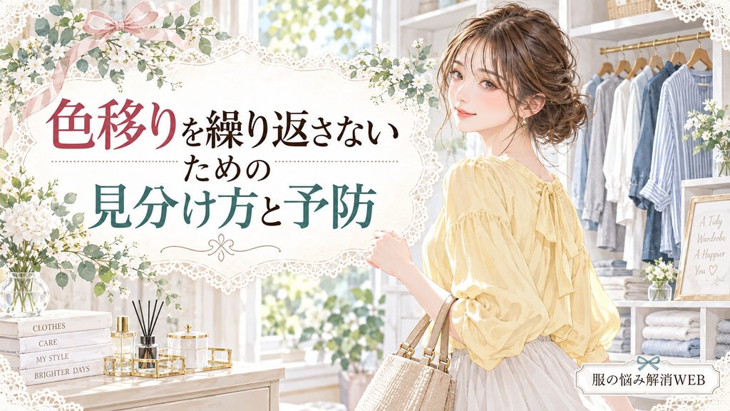 整理されたクローゼットの前で、衣類の色移りを防ぐための見分け方と予防を紹介する女性のイラスト