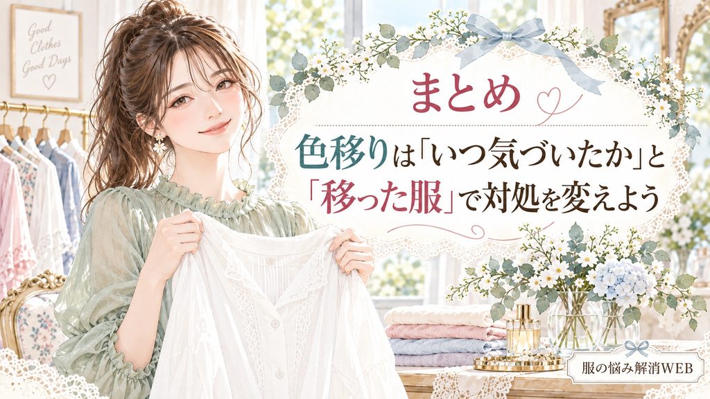 きれいになった白い服を持つ女性と、色移りの状態に合わせた対処をまとめたイラスト