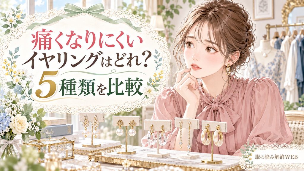 複数のイヤリングを見比べる女性と、痛くなりにくい5種類のイヤリングを比較するイラスト