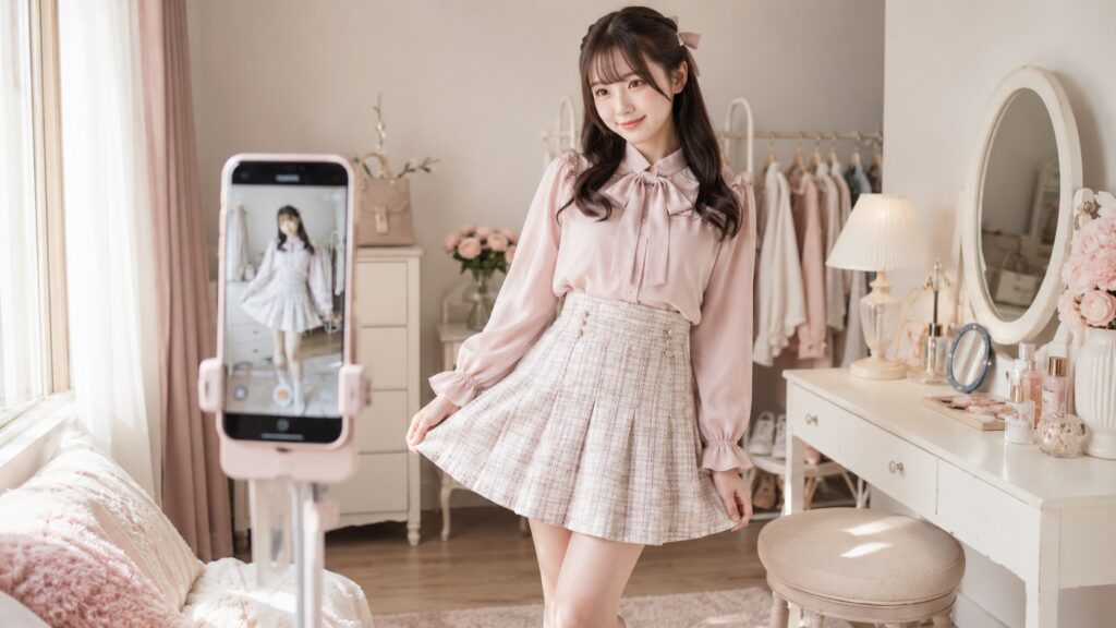 スマホで全身コーデを確認しながら、量産型ファッションのバランスを整える若い女性