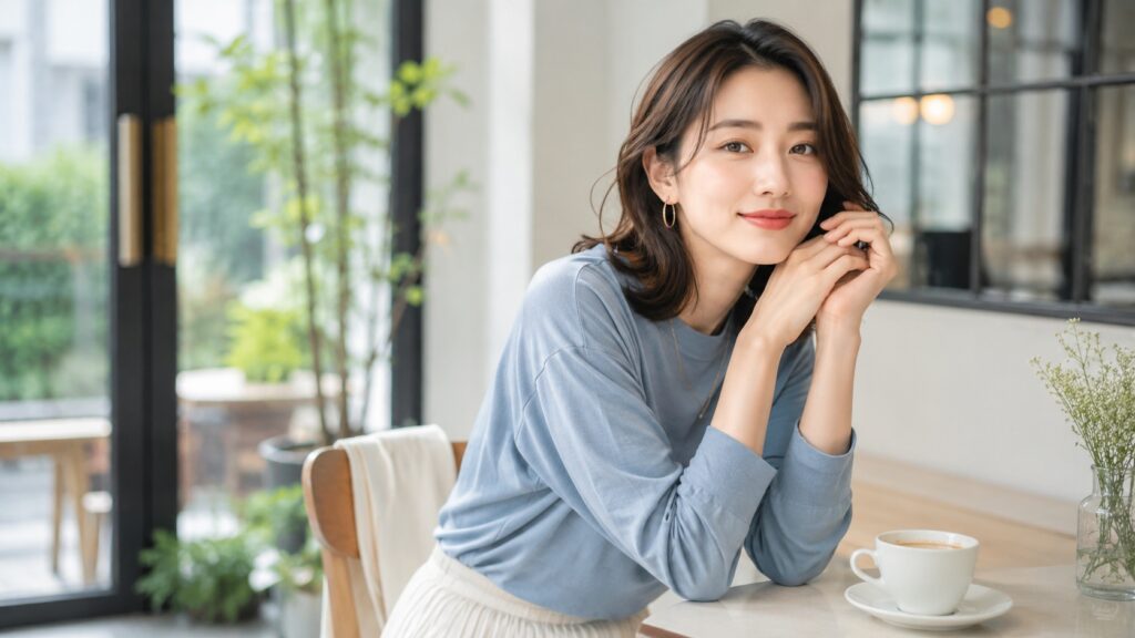青いカットソートップスを着た女性がカフェでリラックスしている様子