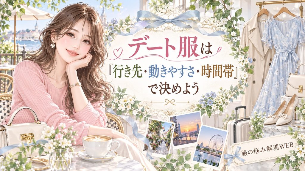 カフェでデートの予定を考える女性と、行き先・動きやすさ・時間帯に合わせたデート服の選び方を表したイラスト