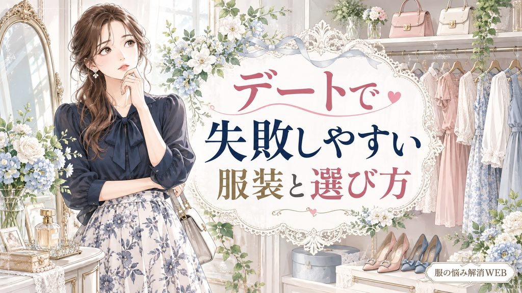 クローゼットの前で服選びに迷う女性と、デートで失敗しやすい服装や選び方を表したイラスト