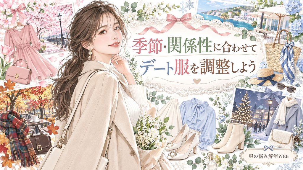 春夏秋冬の風景と洋服を背景に、季節や関係性に合わせたデート服の調整方法を表した女性のイラスト