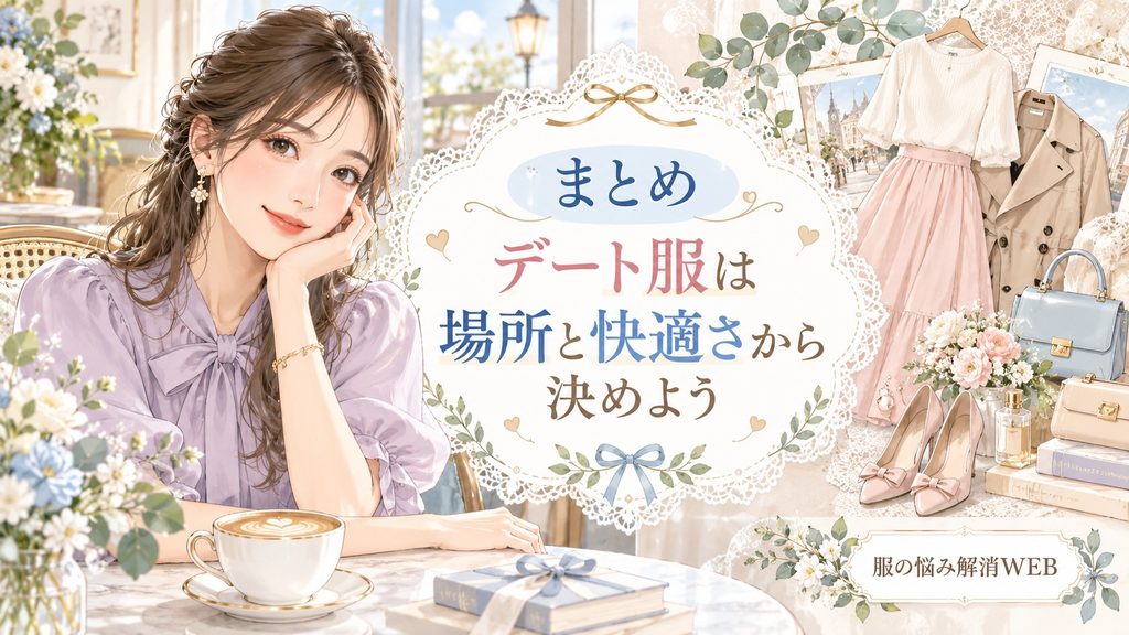 カフェでくつろぐ女性と、場所や快適さを意識したデート服選びをまとめたイラスト