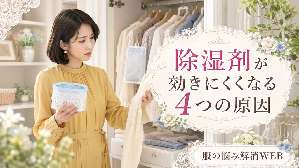 クローゼットで除湿剤と衣類を確認し、効きにくい原因を考える女性