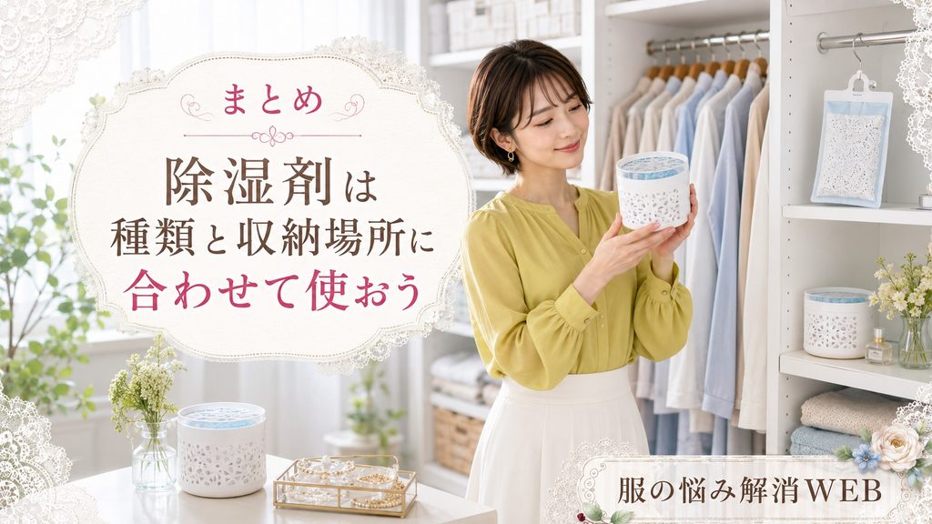 種類と収納場所に合わせて除湿剤を使い、クローゼットを整える女性