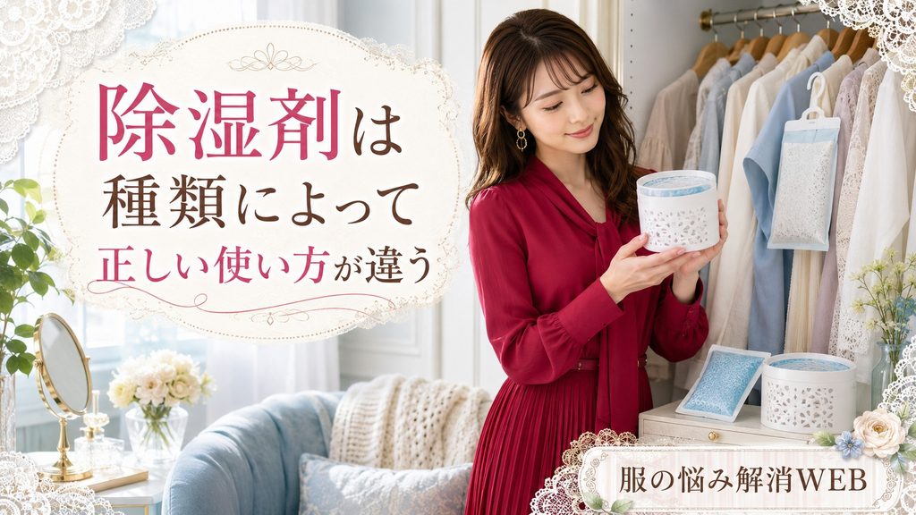 クローゼットで置き型・吊り下げ型など複数の除湿剤を確認する女性