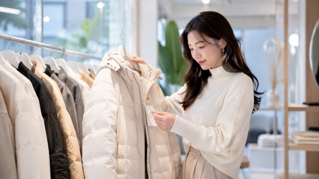 ショップでダウンコートを選ぶ女性の様子