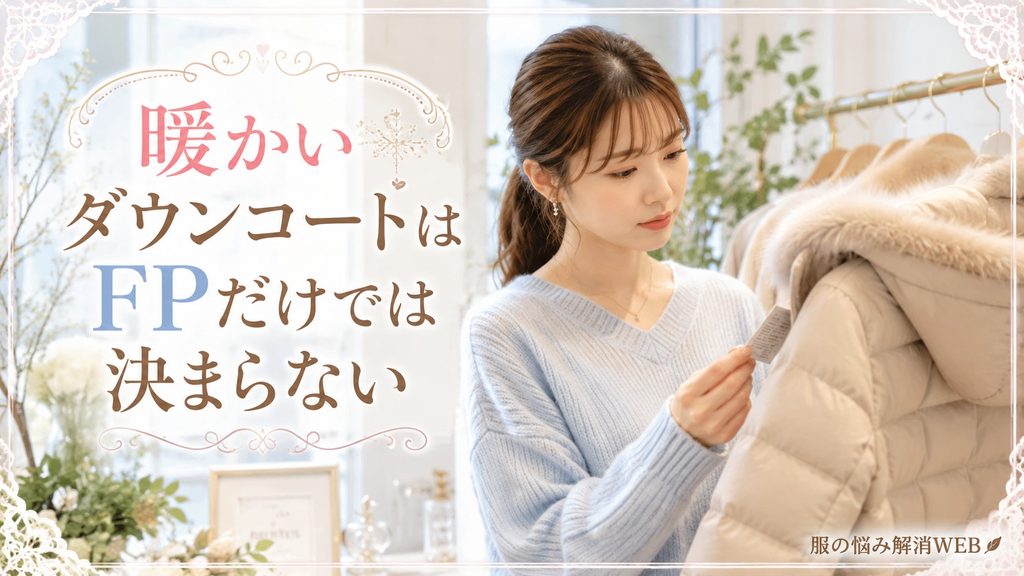 ダウンコートの品質表示を確認しながらFPだけで暖かさを判断しない選び方を考える女性
