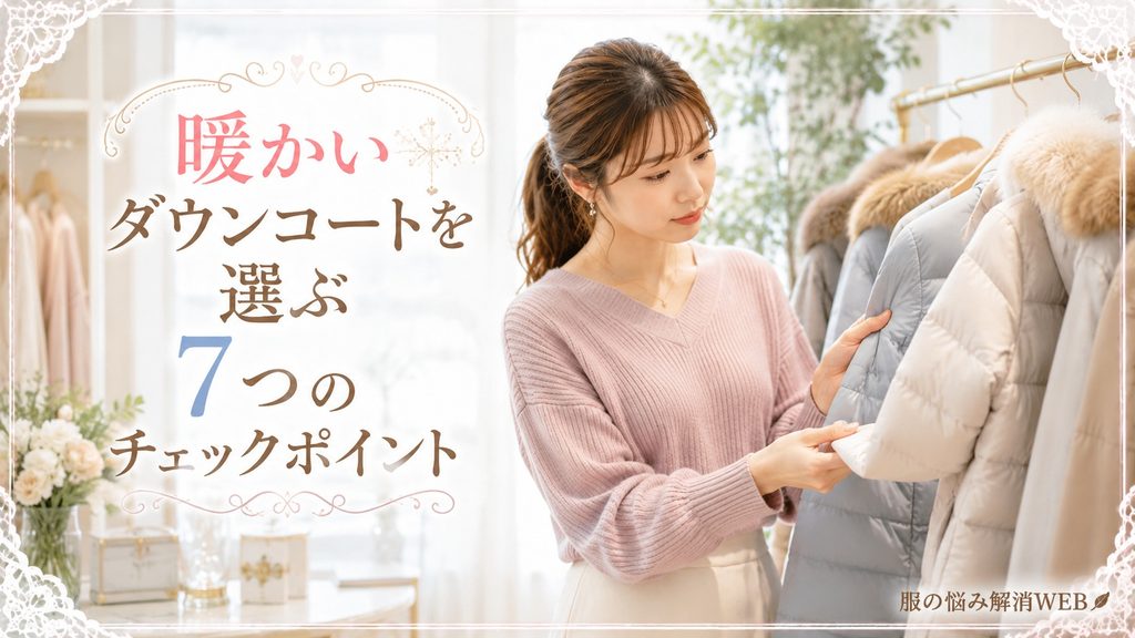 店頭で複数のダウンコートを比較しながら暖かさを選ぶ7つのチェックポイントを確認する女性