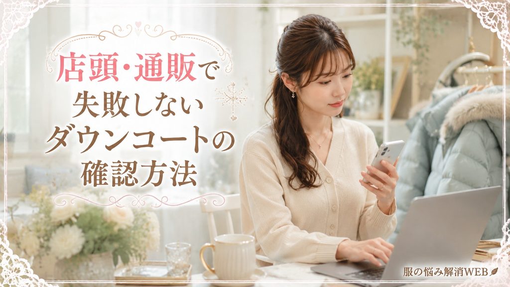 スマートフォンとパソコンを使い店頭や通販でダウンコートの商品情報を確認する女性