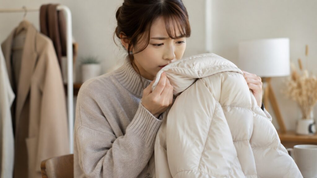 ダウンジャケットの匂いを確かめながら、原因を気にしている若い日本人女性