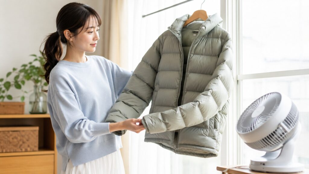 サーキュレーターで風を当てながら、ダウンジャケットを室内で乾かしている若い日本人女性