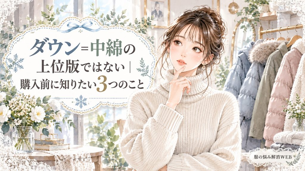 冬アウターを前にダウンと中綿の違いを考えながら購入前のポイントを確認する女性のイラスト