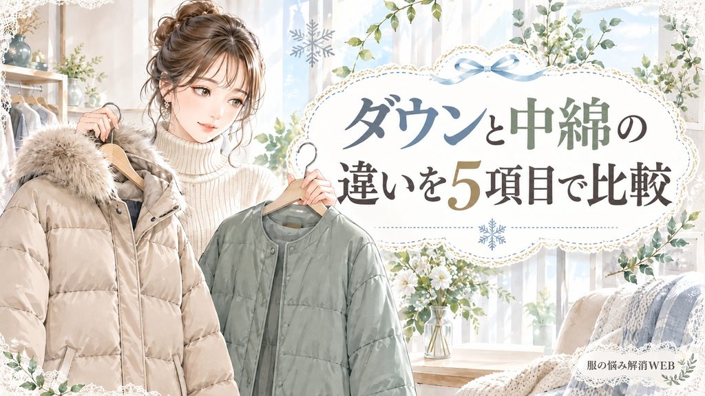ダウンジャケットと中綿アウターを見比べながら違いを比較する女性のイラスト
