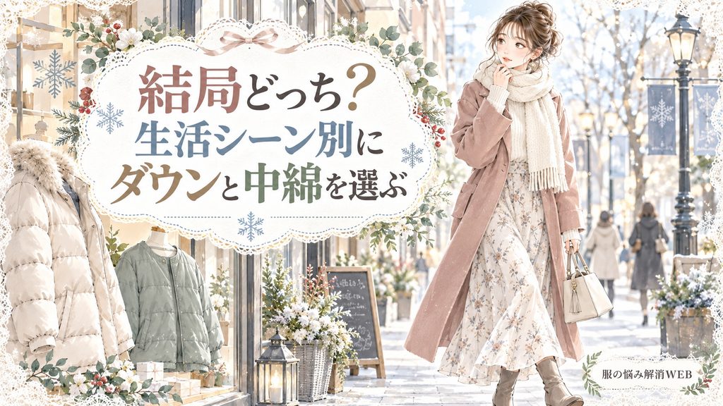 冬の街中で生活シーンに合わせてダウンと中綿のどちらを選ぶか考える女性のイラスト