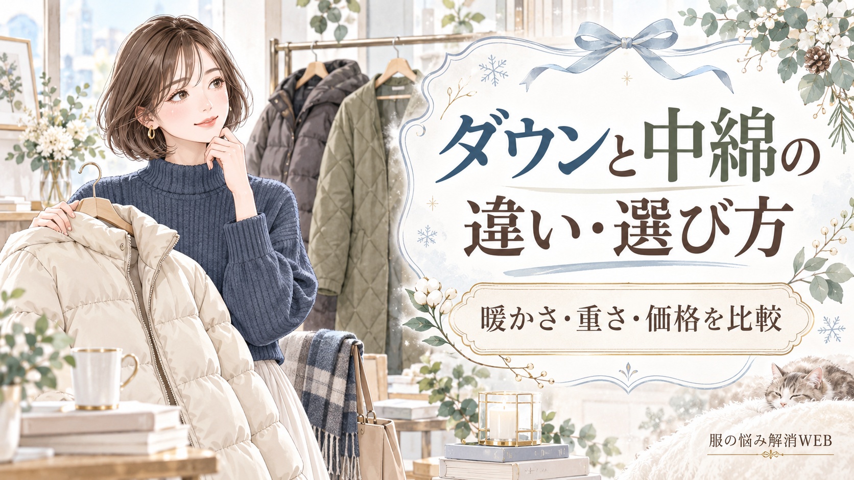 ダウンジャケットと中綿アウターを比較しながら選び方を考える女性のイラスト。