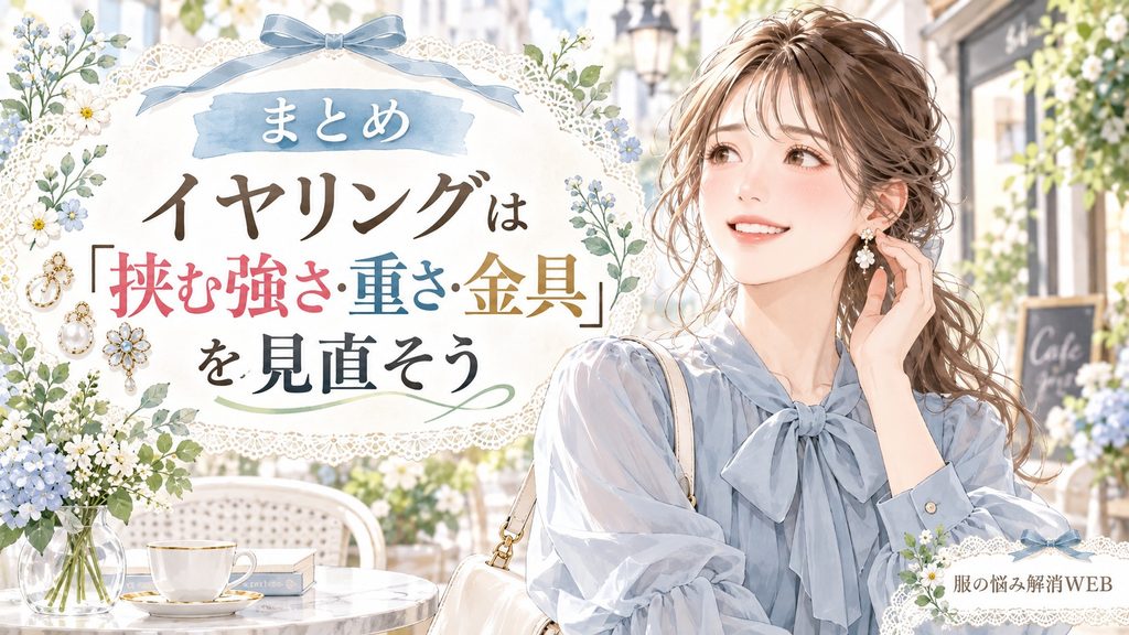 快適なイヤリングを着けて笑顔を見せる女性と、挟む強さ・重さ・金具の見直しをまとめたイラスト